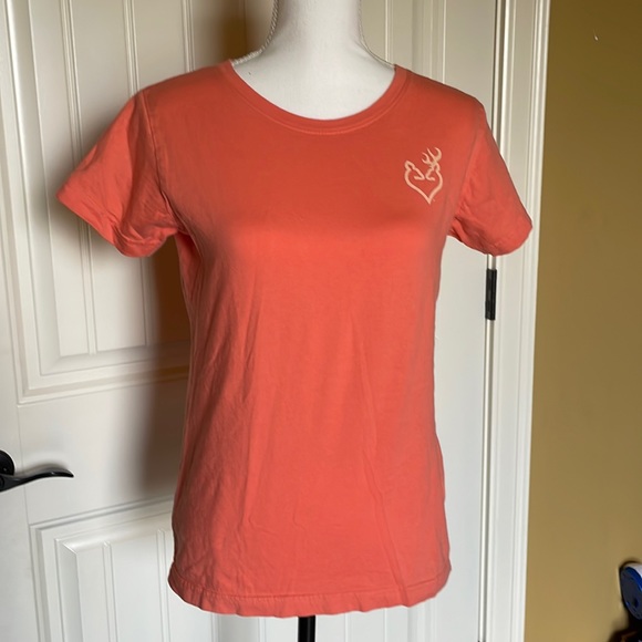 Browning Buck and Doe Logo Feather Shirt Sleeve Tshirt Slim Fit Sz Medium Coral - Picture 2 of 4